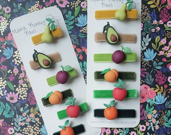 Clips de pelo de cocodrilo de frutas, clips de cabello de terciopelo colorido, niña pequeña, clips de cabello de niña, aguacate, manzana, ciruela, melocotón, pera, naranja, otoño