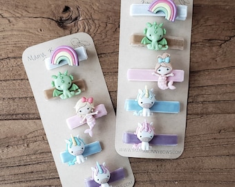 Pinzas para el pelo de cocodrilo con diseño de sirena, dragón, unicornio y arcoíris, de terciopelo de colores, para bebé niña, rubia, morena, magia y fantasía.