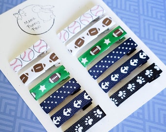 For the Boys Set of 6 Bar Hair Clips, Alligator Ribbon Hair Clips, Baby Toddler Boy Hair Clips, Sports, Baseball, Football, Anchor, Star
