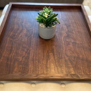 May include: A large, rectangular wooden serving tray with a dark brown finish. The tray has raised edges and a smooth surface. A small, white ceramic pot with a succulent plant sits in the center of the tray.