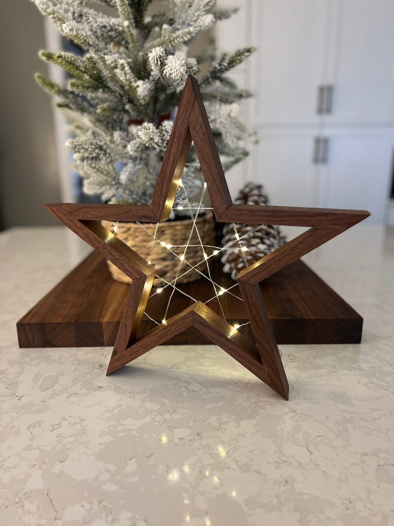 Lighted rustic handmade walnut Christmas star decor image 1