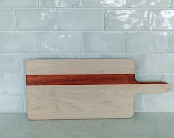 Hard Maple and Bloodwood Cutting Board with Handle, ALL NATURAL Wood Serving Board/Charcuterie Board