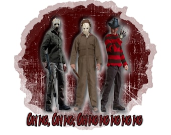 Scary Halloween PNG voor sublimatie, digitale afbeelding, T-shirt, tumbler, koffiemok, draagtas, Michael, Jason, Freddy, Heat Transfer Design
