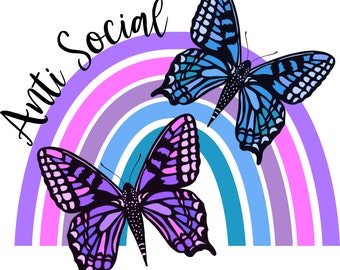 Anti Social Butterfly, PNG, Digital Design, Afbeelding, T-shirt, Tumbler, Tote Bag, Sublimatie, Zeefdruk, Mok, Cadeau, Regenboog