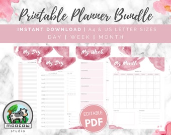 Planificador imprimible, Daily Weekly Monthly Digital Download Editable Planner PDF Letter y A4 Size