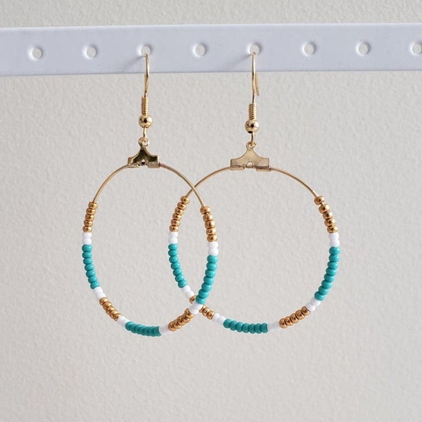 Hand-Beaded Gold & Turquoise Hoop Earrings