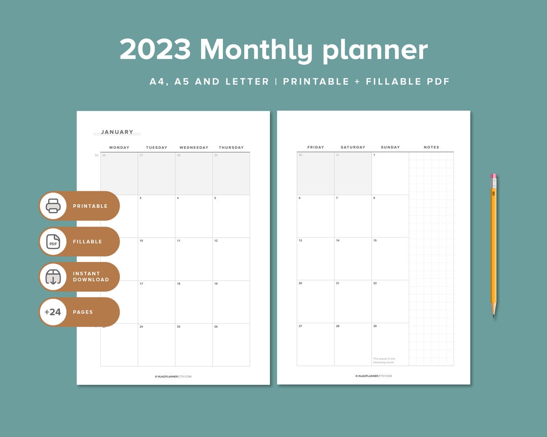 Monthly planner 2023 pocket planner printable dated monthly calendar ...