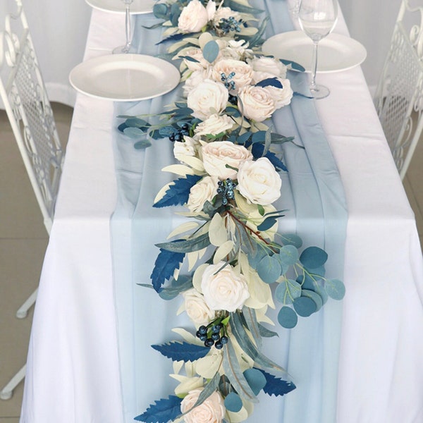 White rose table garland, Wedding centerpiece for table, Floral garland wedding, Blush garland,Garland with white flowers,Eucalyptus garland