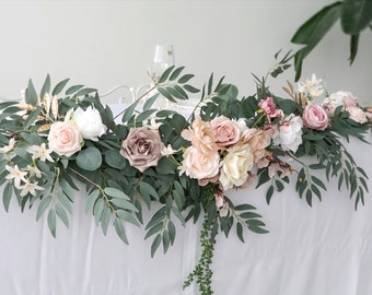 Guirlande d'eucalyptus avec roses roses, guirlande d'eucalyptus de mariage, guirlande de mariage pour table, guirlande de fleurs artificielles, guirlande de verdure de mariage