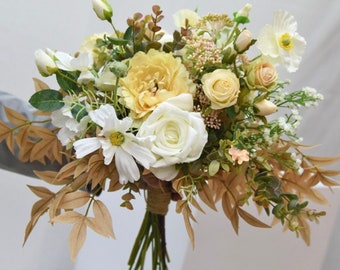 Yellow bridal bouquet, Faux yellow roses, Rustic wedding flowers, Wildflower bouquet, Rust green bouquet, Faux yellow flower, Fall bouquet