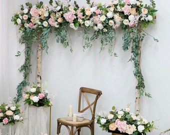 Flower for wedding arch, Wedding arch flowers white and green, White and pink floral arrangement, Arch wedding flowers, Arch flowers white