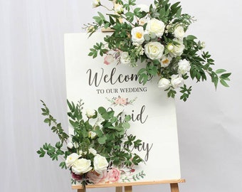 Welcome sign floral arrangement, Artificial flower arrangement for wedding, Wedding arch flowers white, Floral swags for weddings