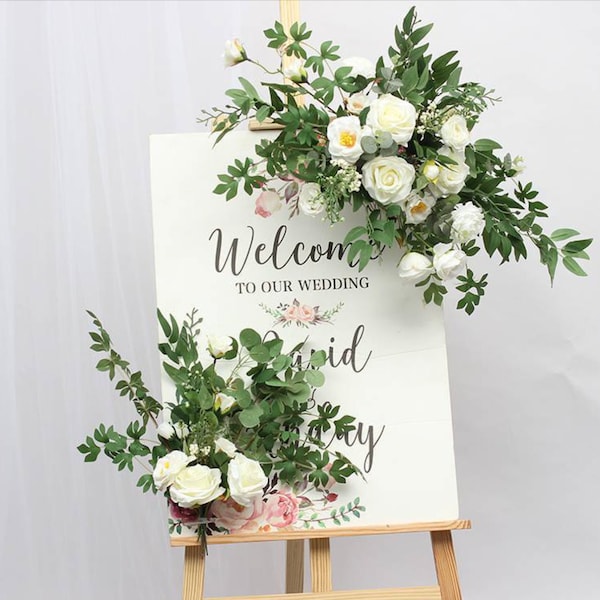 Welcome sign floral arrangement, Artificial flower arrangement for wedding, Wedding arch flowers white, Floral swags for weddings