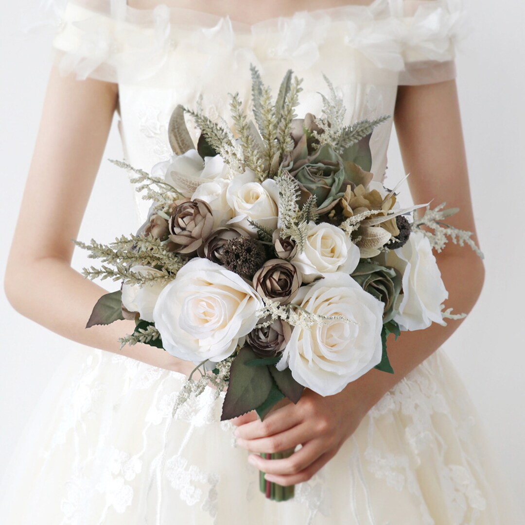 Bridal Bouquet Boho, White Rose Bridal Bouquet, Brown Bridal Bouquet ...
