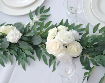 Guirlande de mariage pour table, guirlande de roses, guirlande de fleurs de mariage, guirlande verte, guirlande de roses artificielles, guirlande de verdure pour les mariages