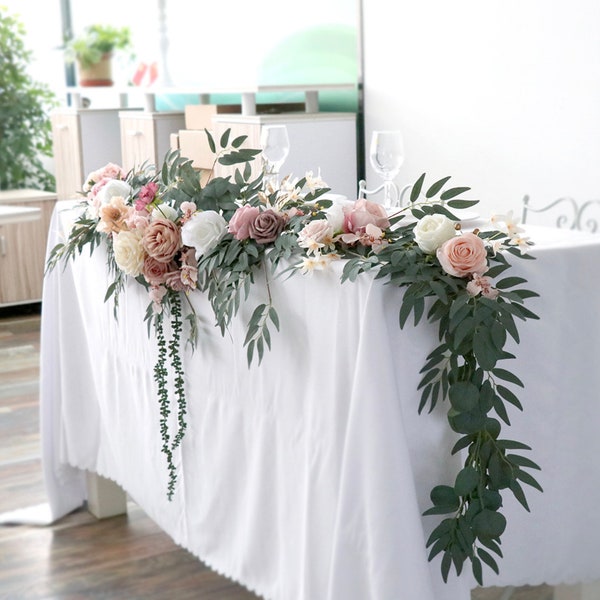 Guirlande de mariage pour table, guirlande de rose rose, guirlande d'eucalyptus avec fleurs, guirlande de verdure, centres de mariage pour tables élégantes