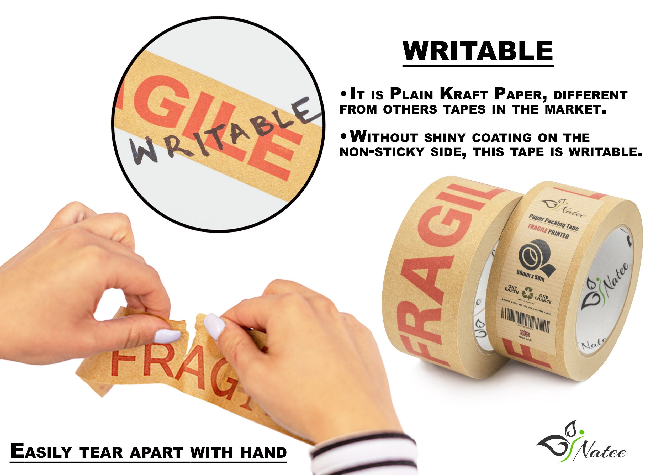 Strong Paper Packaging Tape Eco-friendly Fully Recyclable Fragile Printed  Kraft Paper for Packing Parcels and Boxes 50m X 50mm 
