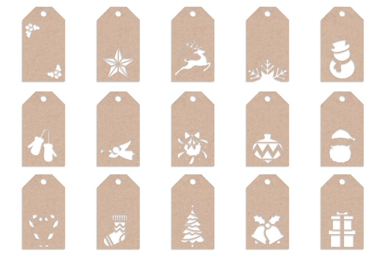 Pu&ograve; includere: Set di 18 etichette regalo in carta marrone con vari ritagli a tema natalizio, tra cui una stella, una renna, un fiocco di neve, un pupazzo di neve, guanti, un angelo, una campana, un ornamento, Babbo Natale, una calza, un albero di Natale e agrifoglio.