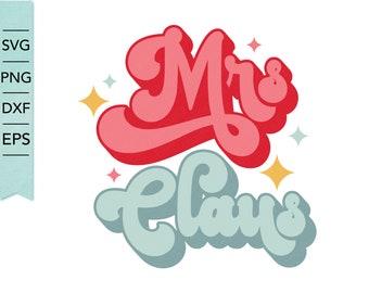 Może przedstawiać: Cyfrowy projekt graficzny z napisem Mrs. Claus pogrubioną czcionką w stylu retro. Słowo Mrs. jest różowe z czerwonym cieniem, a Claus jest jasnoniebieskie z ciemnoniebieskim cieniem. Małe żółte i jasnoniebieskie gwiazdki otaczają tekst.