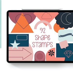 May include: A digital illustration of 92 shape stamps for Procreate. The stamps are in various colors and shapes, including hearts, stars, clouds, moons, arrows, and diamonds. The text "92 Shape Stamps" is displayed in the center of the image.
