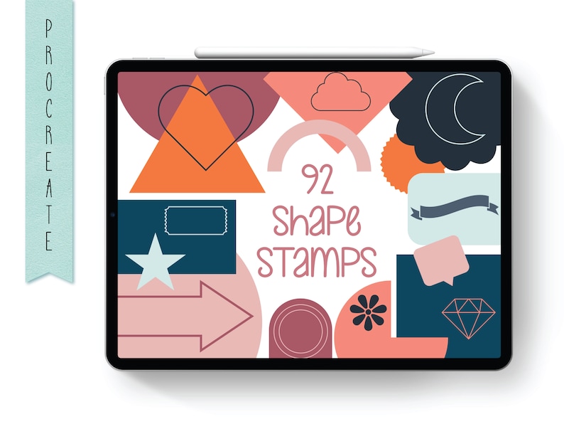 Peut inclure: Une illustration num&eacute;rique de 92 tampons de formes pour Procreate. Les tampons sont de diff&eacute;rentes couleurs et formes, notamment des c&oelig;urs, des &eacute;toiles, des nuages, des lunes, des fl&egrave;ches et des diamants. Le texte "92 Shape Stamps" est affich&eacute; au centre de l'image.