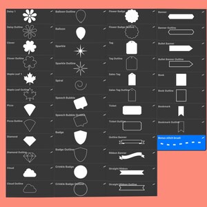 Peut inclure: Une feuille de conception graphique en noir et blanc avec diff&eacute;rentes formes et contours. Les formes comprennent une marguerite, un tr&egrave;fle, une feuille d'&eacute;rable, une part de pizza, un diamant, un nuage, un ballon, une &eacute;tincelle, une spirale, une bulle de dialogue, un badge, un badge froiss&eacute;, un badge floral, une &eacute;tiquette, une &eacute;tiquette de vente, un billet, une banni&egrave;re, une banni&egrave;re &agrave; puces, un livre, un signet, une banni&egrave;re de ruban et un ruban droit. La feuille comprend &eacute;galement une brosse &agrave; points bonus.