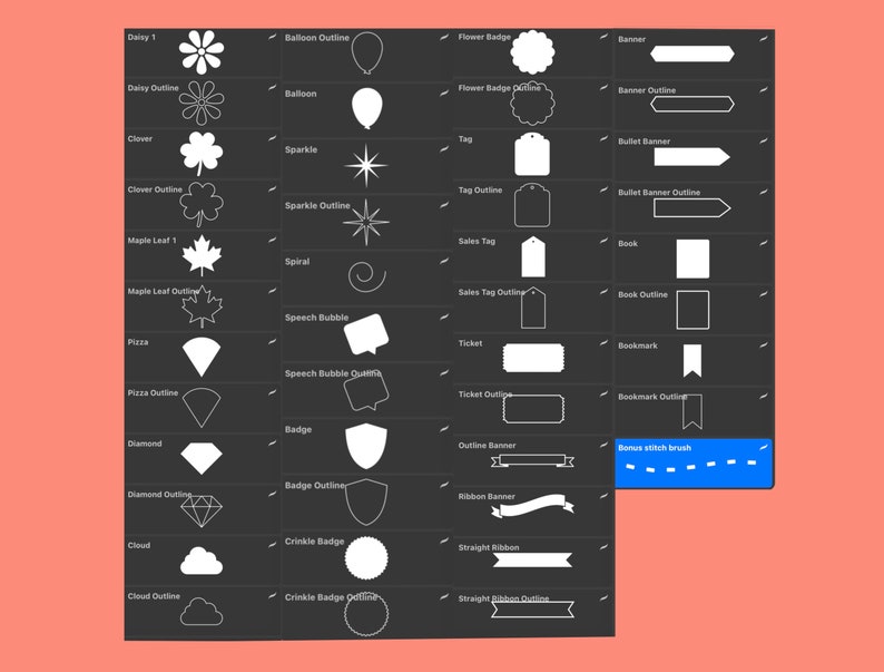 Peut inclure: Une feuille de conception graphique en noir et blanc avec diff&eacute;rentes formes et contours. Les formes comprennent une marguerite, un tr&egrave;fle, une feuille d'&eacute;rable, une part de pizza, un diamant, un nuage, un ballon, une &eacute;tincelle, une spirale, une bulle de dialogue, un badge, un badge froiss&eacute;, un badge floral, une &eacute;tiquette, une &eacute;tiquette de vente, un billet, une banni&egrave;re, une banni&egrave;re &agrave; puces, un livre, un signet, une banni&egrave;re de ruban et un ruban droit. La feuille comprend &eacute;galement une brosse &agrave; points bonus.