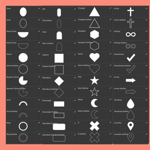 Peut inclure: Un tableau noir et blanc avec diff&eacute;rentes formes et contours. Les formes comprennent un ovale, un cercle, un demi-cercle, un carr&eacute;, un c&oelig;ur, une &eacute;toile, une lune, une larme, et plus encore. Chaque forme est &eacute;tiquet&eacute;e avec son nom et sa version de contour.