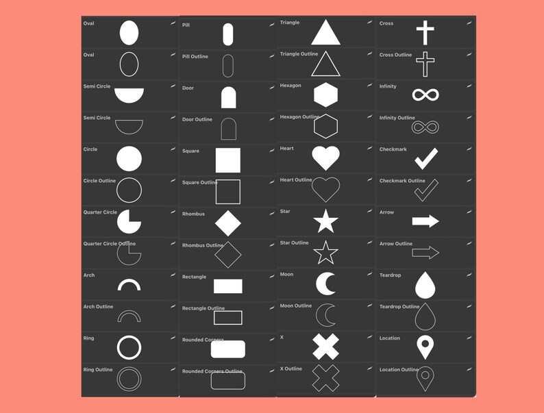 Peut inclure: Un tableau noir et blanc avec diff&eacute;rentes formes et contours. Les formes comprennent un ovale, un cercle, un demi-cercle, un carr&eacute;, un c&oelig;ur, une &eacute;toile, une lune, une larme, et plus encore. Chaque forme est &eacute;tiquet&eacute;e avec son nom et sa version de contour.
