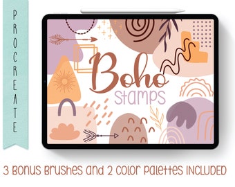 May include: A digital tablet displaying the text Boho stamps in brown and purple lettering, surrounded by various abstract shapes, arrows, sunbursts, and line art in muted tones of orange, purple, and brown, with a stylus resting on top.