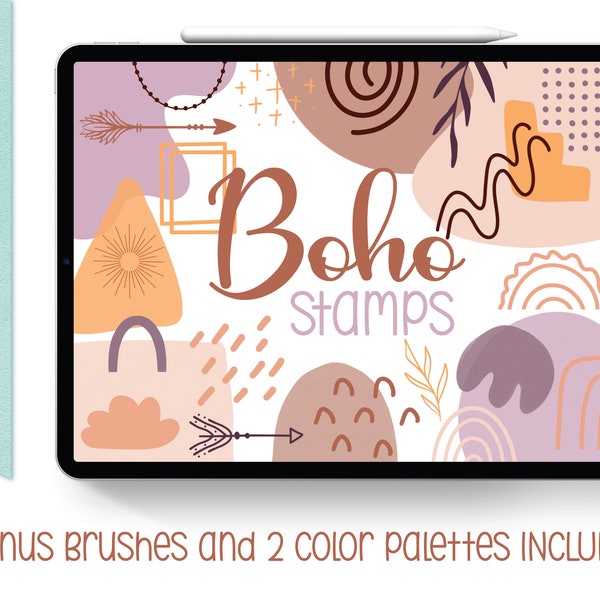 Boho Procreate Stamp Brushes, Boho Procreate color palettes, Rainbow maker Brush, Distressed Texture Brush, Vases, Flowers