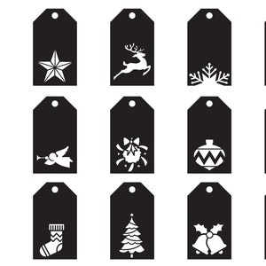 Pu&ograve; includere: Set di 18 etichette regalo di Natale in bianco e nero con vari disegni natalizi, tra cui agrifoglio, una stella, una renna, un fiocco di neve, guanti, un angelo, un fiocco, un ornamento, Babbo Natale, una calza, un albero di Natale e campane.