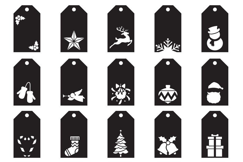Pu&ograve; includere: Set di 18 etichette regalo di Natale in bianco e nero con vari disegni natalizi, tra cui agrifoglio, una stella, una renna, un fiocco di neve, guanti, un angelo, un fiocco, un ornamento, Babbo Natale, una calza, un albero di Natale e campane.