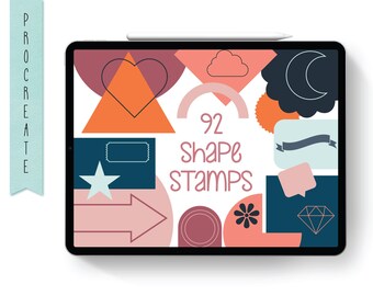 May include: A digital tablet screen displaying a collection of 92 shape stamps in various colors including orange, pink, and dark blue. The screen features geometric shapes like hearts, stars, clouds, and diamonds, with the text 92 SHAPE STAMPS.