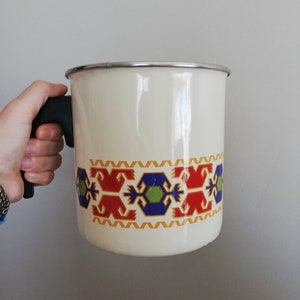 Vintage Enamelware Ethnic Pattern Heavy Jug Pitcher