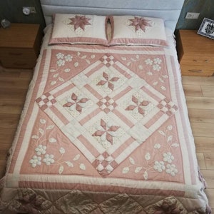 Pink Floral Star Appliqué Patchwork Bed Cover Cloth Quilt Shabby Chic