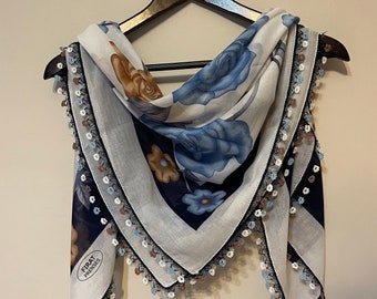 Blue White Oya Yazma Lace Scarf