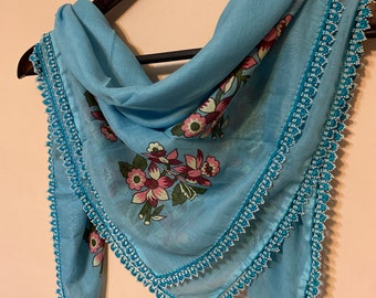 Blue Beaded Cotton Oya Lace Scarf