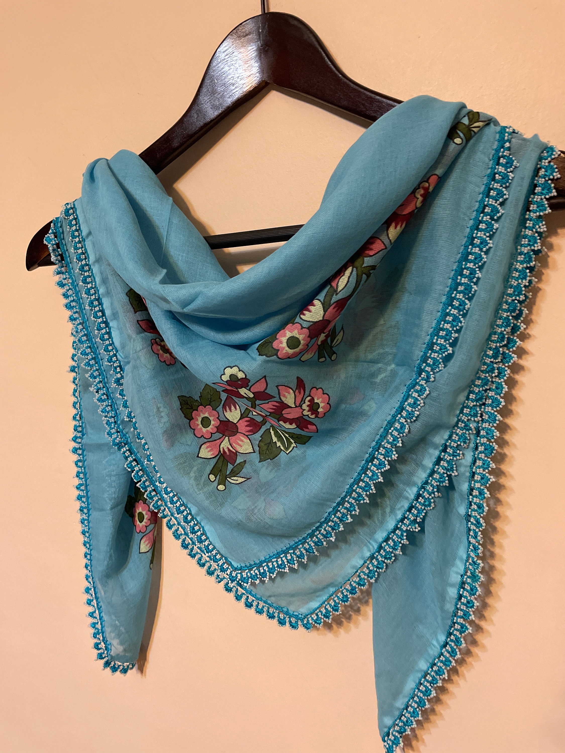 Blue Beaded Cotton Oya Lace Scarf - Etsy