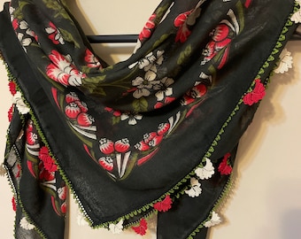 Black Red White Cotton Oya Lace Scarf