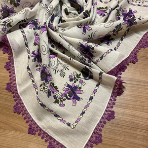 Anatolian White Purple Cotton Oya Lace Scarf