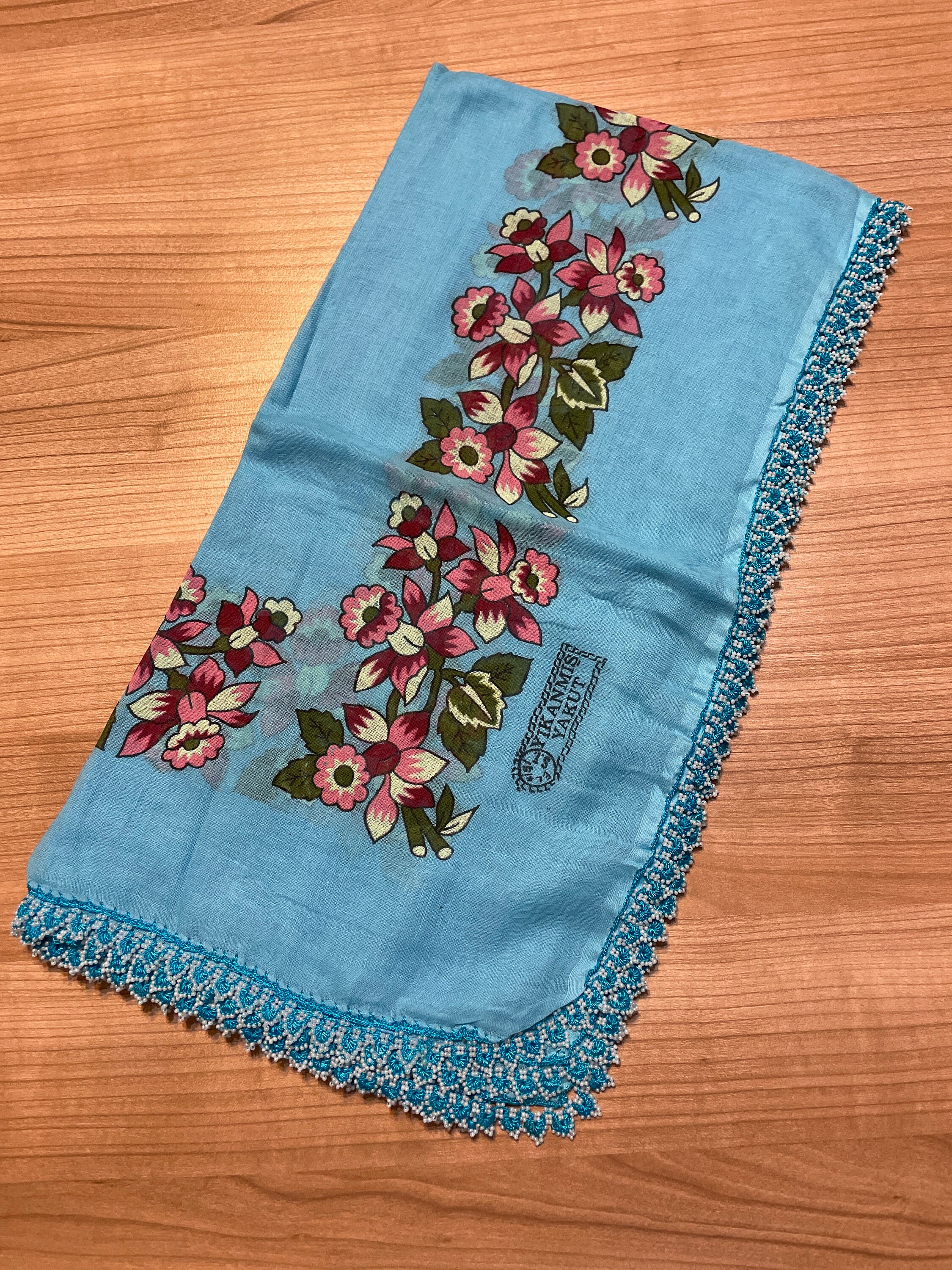 Blue Beaded Cotton Oya Lace Scarf - Etsy