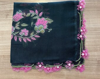 Black Pink Tatting Oya Lace Yazma Scarf