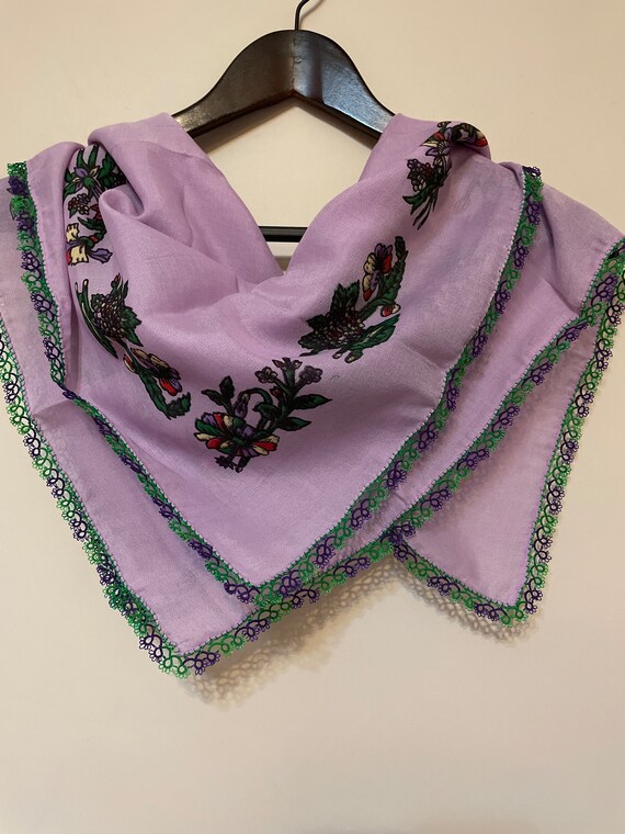 Lilac Purple Green Tatting Oya Lace Scarf - image 8