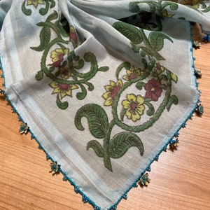 Blue Beaded Oya Lace Cotton Scarf Yazma