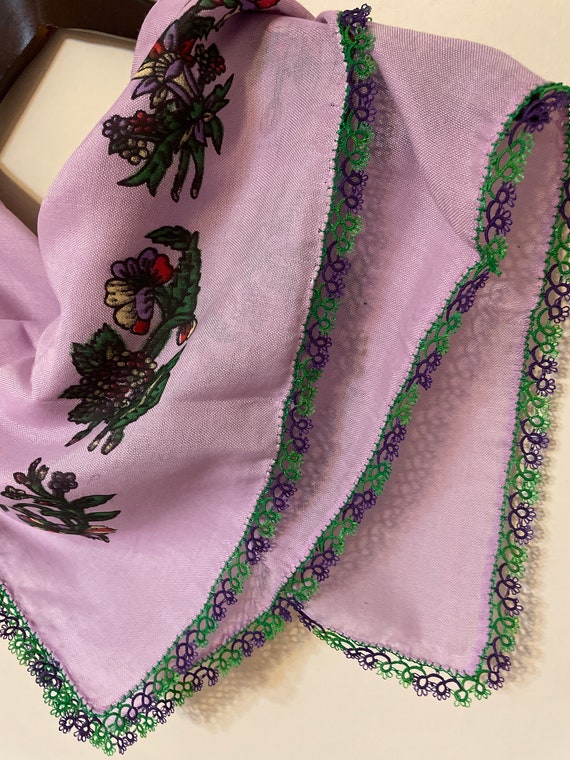 Lilac Purple Green Tatting Oya Lace Scarf - image 9