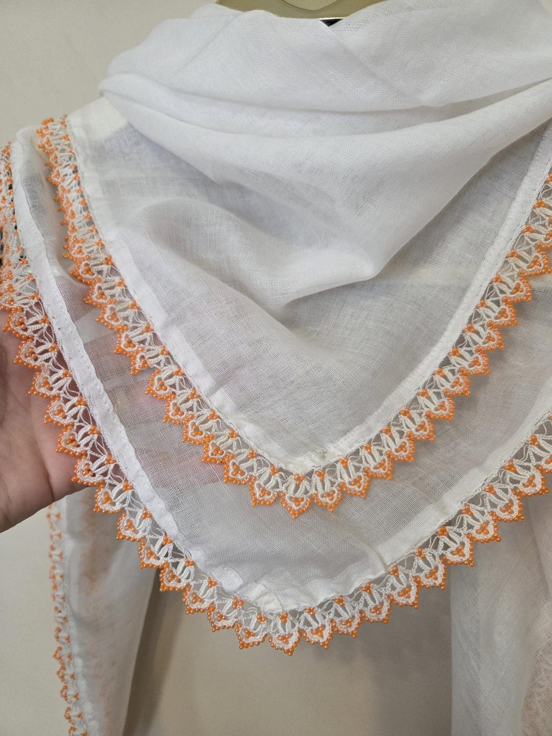 White Orange Beaded Oya Lace Scarf - Etsy