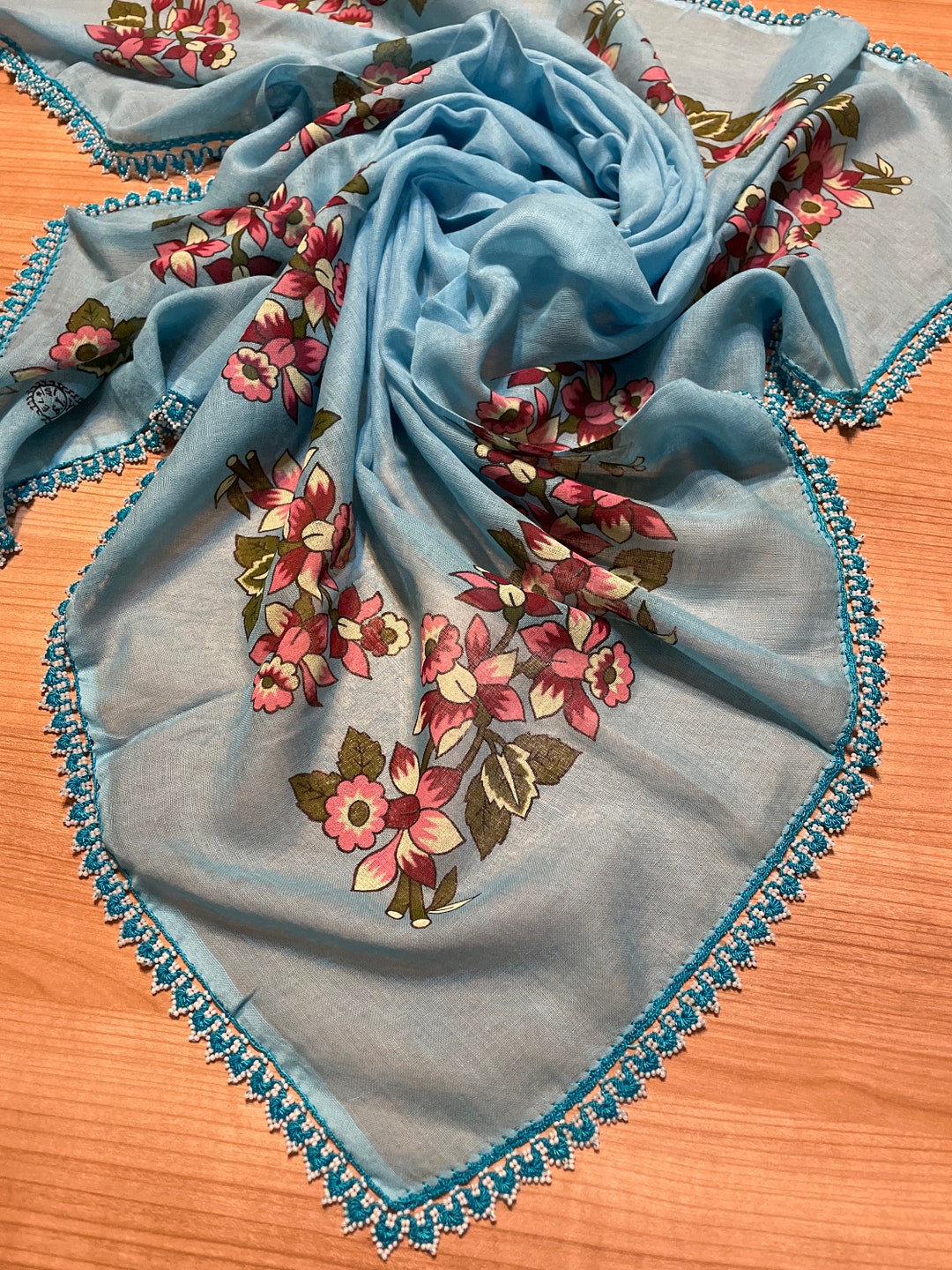 Blue Beaded Cotton Oya Lace Scarf - Etsy