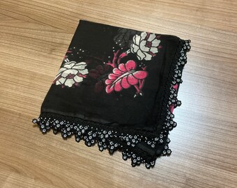 Black Pink Beaded Oya Lace Cotton Hooded Scarf