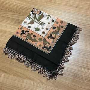 Black White Beaded Oya Lace Cotton Scarf Yazma